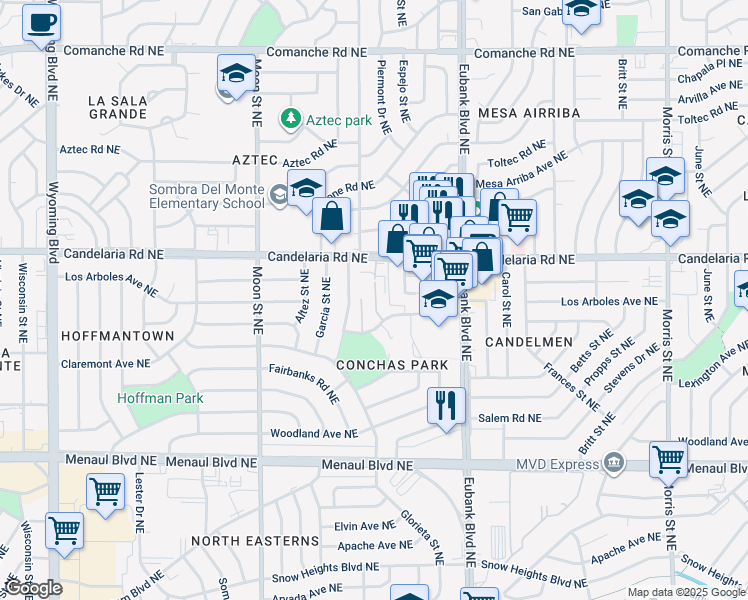 map of restaurants, bars, coffee shops, grocery stores, and more near 2800 Lexington Place Northeast in Albuquerque
