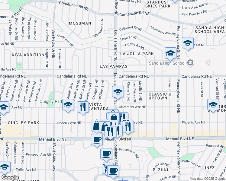 map of restaurants, bars, coffee shops, grocery stores, and more near 6805 Bonnie Court Northeast in Albuquerque