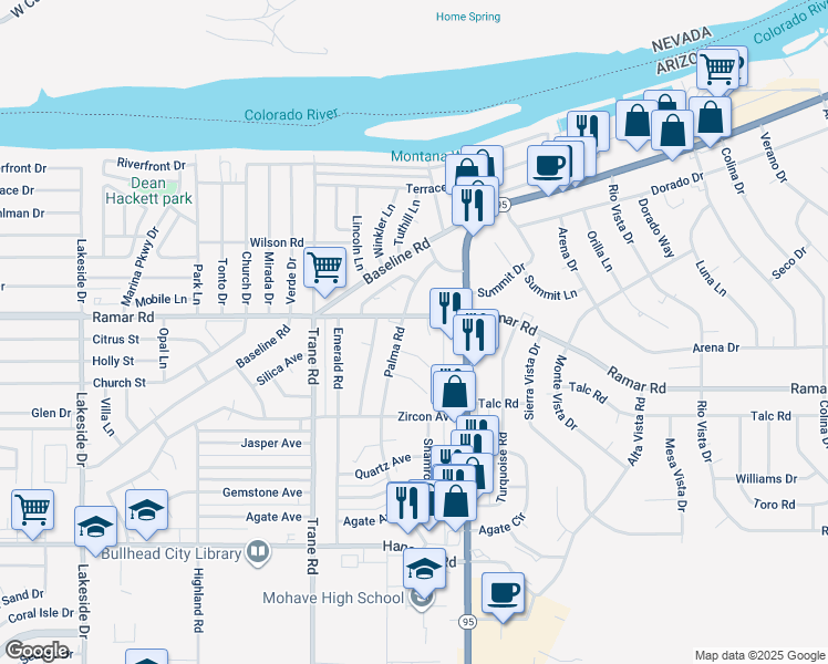 map of restaurants, bars, coffee shops, grocery stores, and more near 1360 Ramar Road in Bullhead City