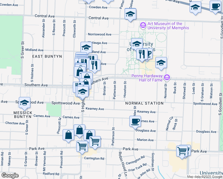map of restaurants, bars, coffee shops, grocery stores, and more near 605 Patterson Street in Memphis