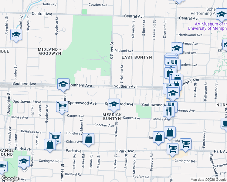 map of restaurants, bars, coffee shops, grocery stores, and more near 606 South Greer Street in Memphis