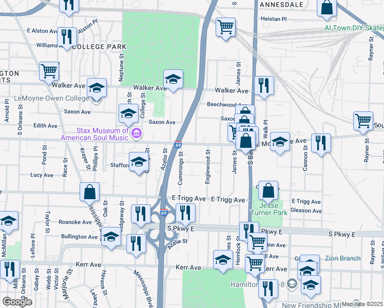 map of restaurants, bars, coffee shops, grocery stores, and more near 1184 Cummings Street in Memphis