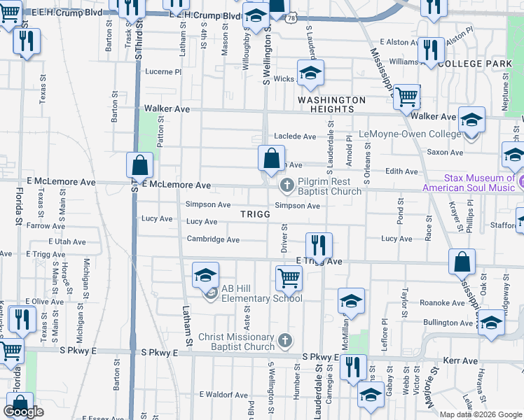 map of restaurants, bars, coffee shops, grocery stores, and more near 1182 Willoughby Street in Memphis