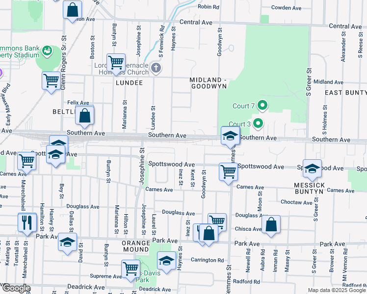 map of restaurants, bars, coffee shops, grocery stores, and more near 637 Kent St in Memphis