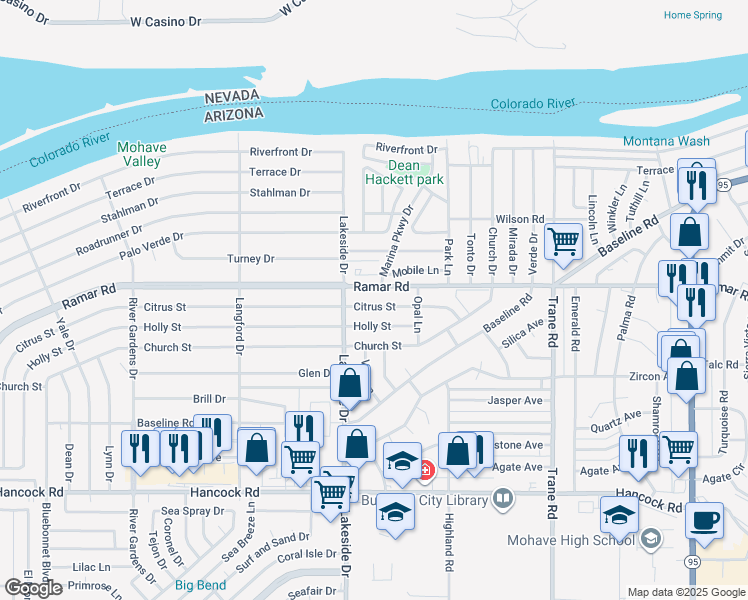 map of restaurants, bars, coffee shops, grocery stores, and more near 1024 Ramar Road in Bullhead City