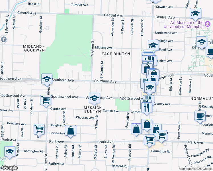 map of restaurants, bars, coffee shops, grocery stores, and more near 3289 Southern Avenue in Memphis