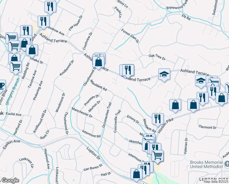 map of restaurants, bars, coffee shops, grocery stores, and more near 539 Mauldeth Road in Chattanooga