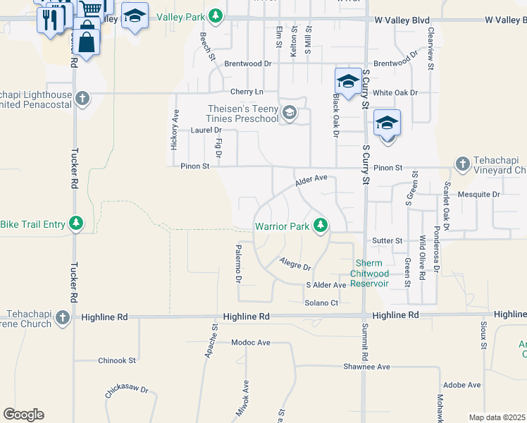 map of restaurants, bars, coffee shops, grocery stores, and more near 1402 Alder Avenue in Tehachapi