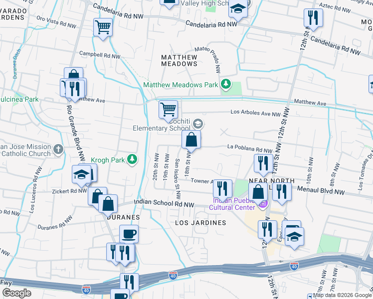 map of restaurants, bars, coffee shops, grocery stores, and more near 1721 La Poblana Road Northwest in Albuquerque