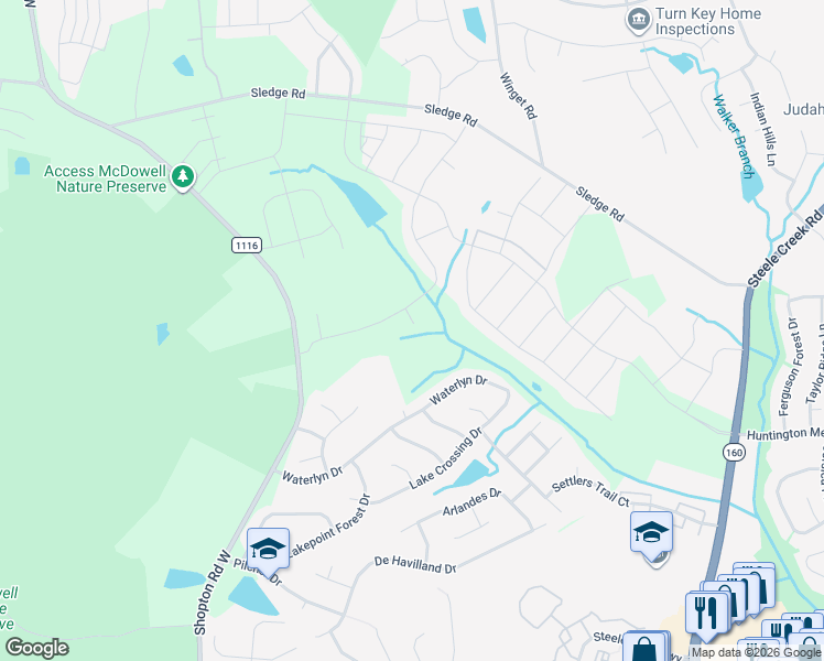 map of restaurants, bars, coffee shops, grocery stores, and more near 15201 Shopton Road West in Charlotte