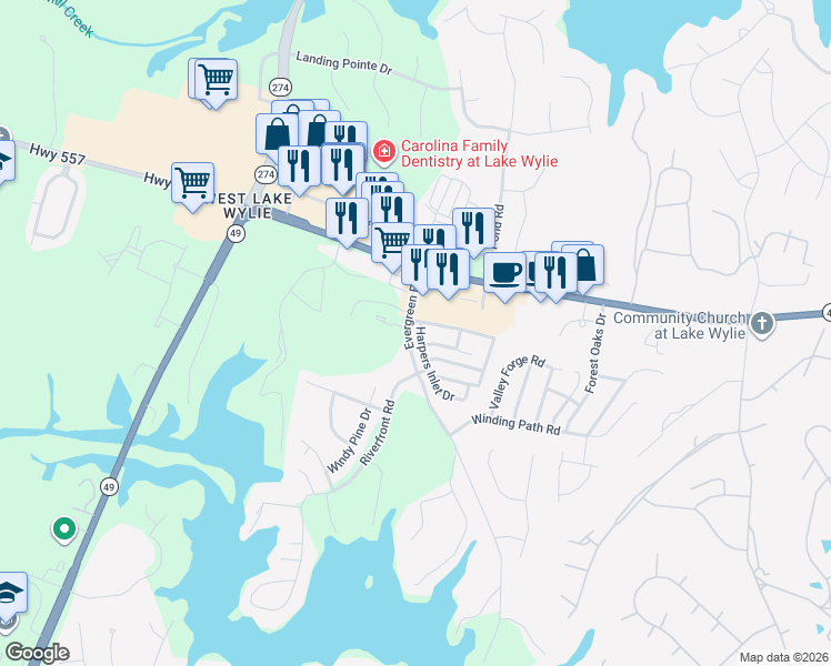 map of restaurants, bars, coffee shops, grocery stores, and more near 2175 Shady Pond Drive in Clover