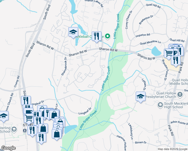 map of restaurants, bars, coffee shops, grocery stores, and more near 8350 Knights Bridge Road in Charlotte