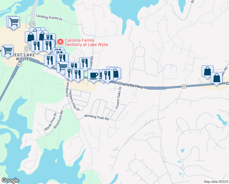 map of restaurants, bars, coffee shops, grocery stores, and more near 4877 Charlotte Highway in Clover