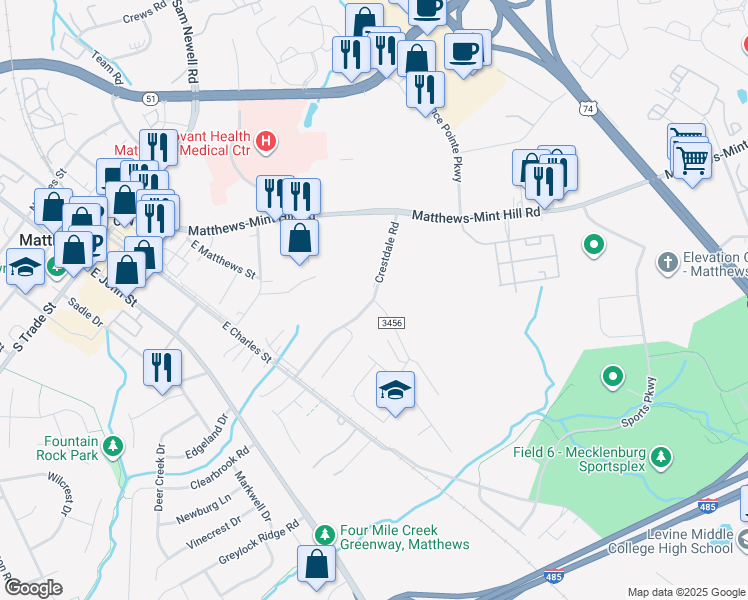 map of restaurants, bars, coffee shops, grocery stores, and more near 600 Crestdale Road in Matthews