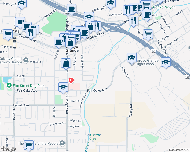 map of restaurants, bars, coffee shops, grocery stores, and more near 601 Cerro Vista Circle in Arroyo Grande