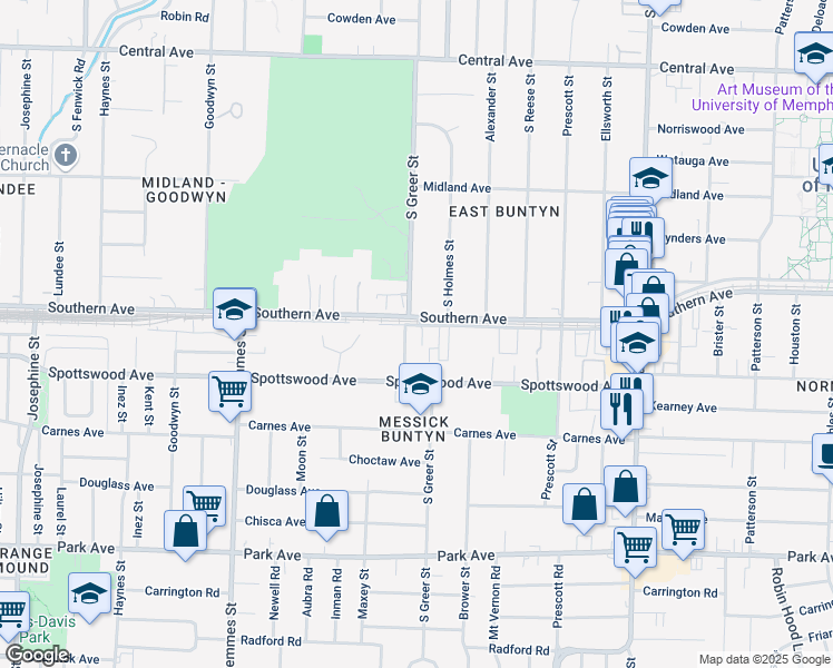 map of restaurants, bars, coffee shops, grocery stores, and more near 606 South Greer Street in Memphis