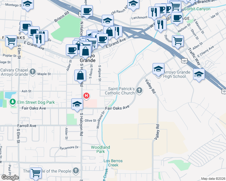 map of restaurants, bars, coffee shops, grocery stores, and more near 341 Cerro Vista Lane in Arroyo Grande