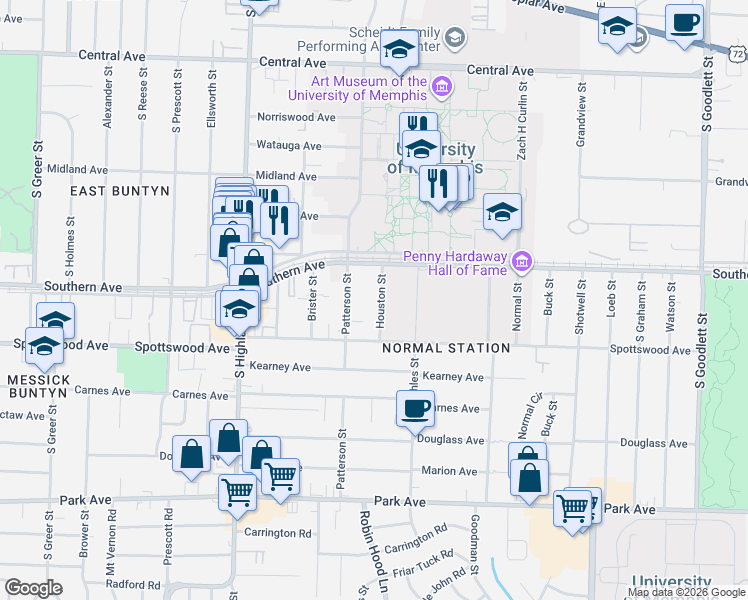 map of restaurants, bars, coffee shops, grocery stores, and more near 599 Houston Street in Memphis