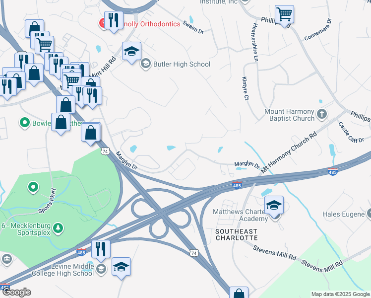 map of restaurants, bars, coffee shops, grocery stores, and more near 2134 Alexander Ridge Drive in Matthews