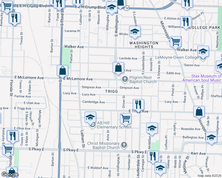 map of restaurants, bars, coffee shops, grocery stores, and more near 1182 Willoughby Street in Memphis