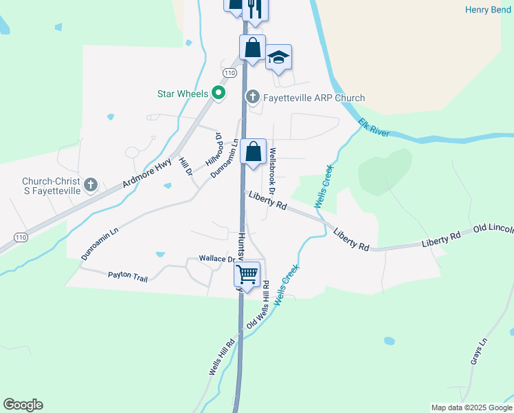 map of restaurants, bars, coffee shops, grocery stores, and more near 3 Liberty Road in Fayetteville