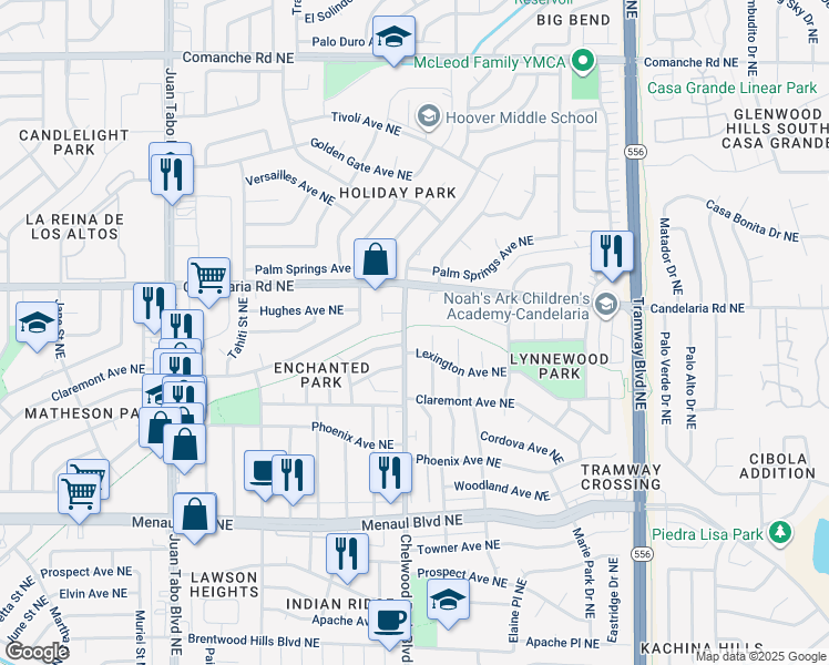 map of restaurants, bars, coffee shops, grocery stores, and more near 2713 Georgene Drive Northeast in Albuquerque