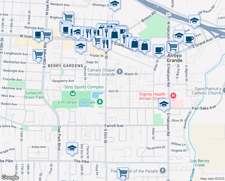 map of restaurants, bars, coffee shops, grocery stores, and more near 1194 South Elm Street in Arroyo Grande