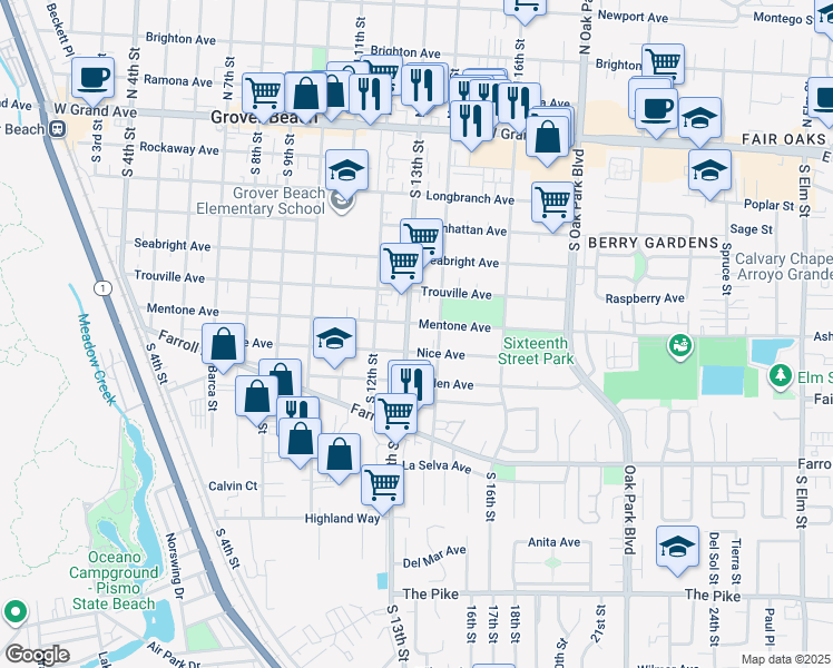 map of restaurants, bars, coffee shops, grocery stores, and more near 1372 Mentone Avenue in Grover Beach
