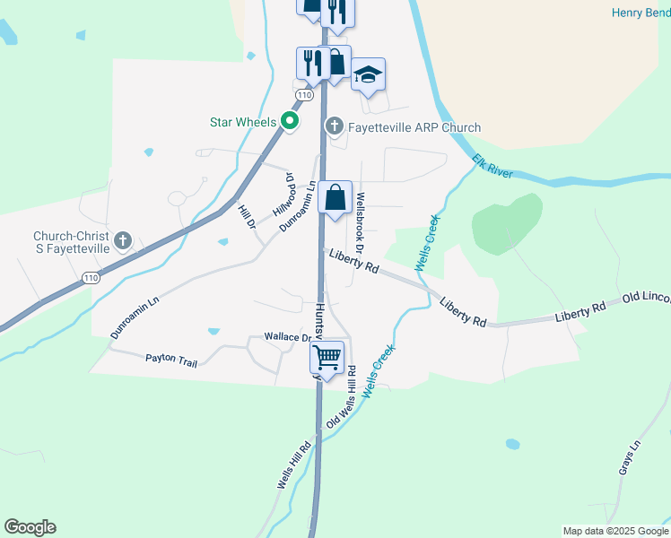 map of restaurants, bars, coffee shops, grocery stores, and more near 3 Liberty Road in Fayetteville