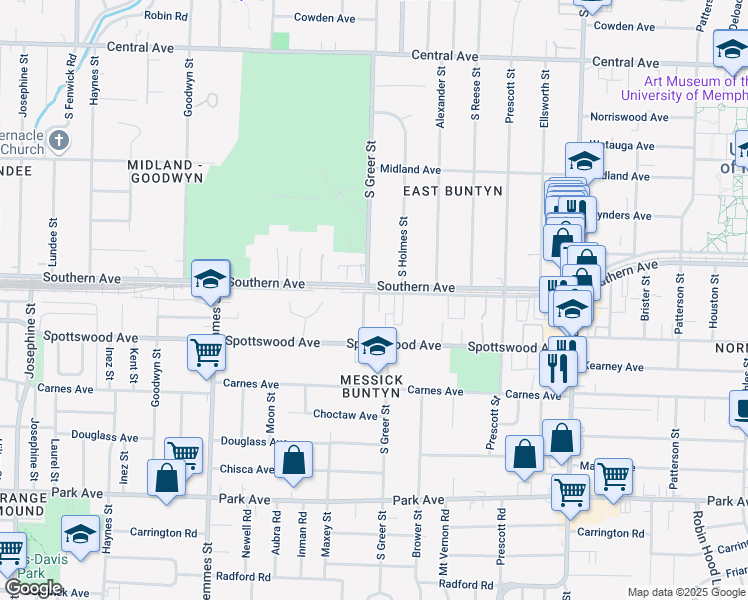 map of restaurants, bars, coffee shops, grocery stores, and more near 606 South Greer Street in Memphis