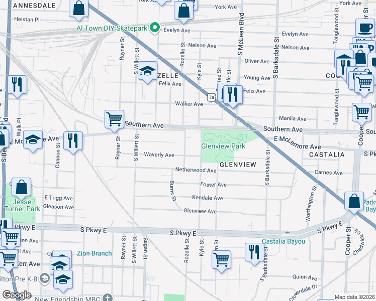 map of restaurants, bars, coffee shops, grocery stores, and more near 1144 Rozelle Street in Memphis