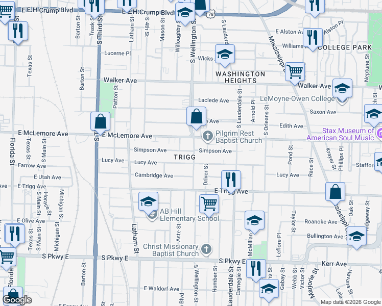 map of restaurants, bars, coffee shops, grocery stores, and more near 1182 Willoughby Street in Memphis