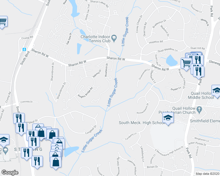 map of restaurants, bars, coffee shops, grocery stores, and more near 8229 Riverbirch Drive in Charlotte