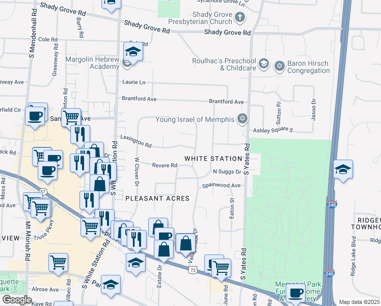 map of restaurants, bars, coffee shops, grocery stores, and more near 595 Valleybrook Drive in Memphis