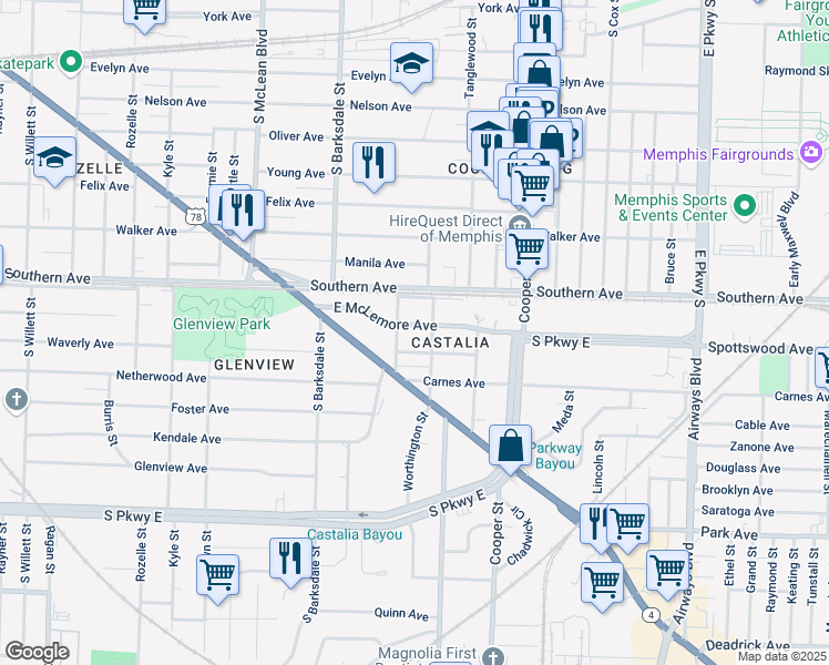 map of restaurants, bars, coffee shops, grocery stores, and more near 2011 East McLemore Avenue in Memphis