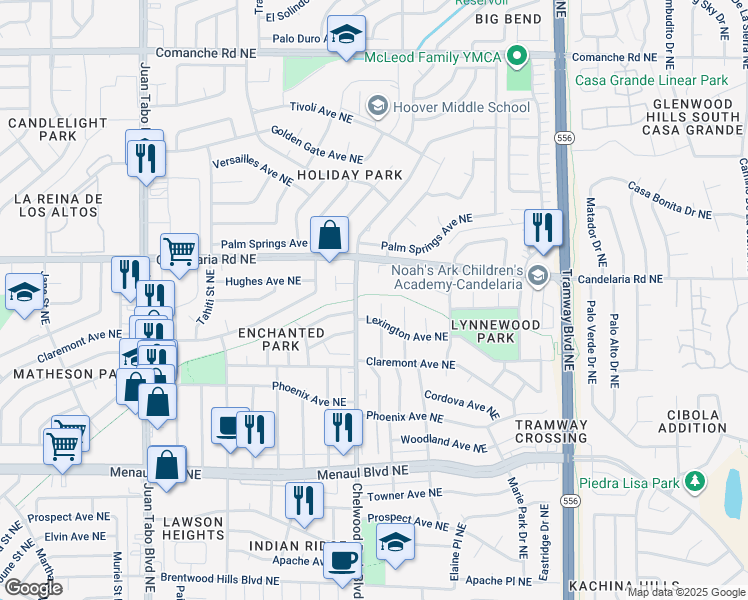 map of restaurants, bars, coffee shops, grocery stores, and more near 2713 Georgene Drive Northeast in Albuquerque
