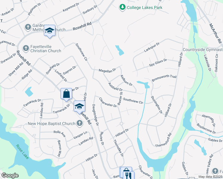 map of restaurants, bars, coffee shops, grocery stores, and more near 771 Ashfield Drive in Fayetteville