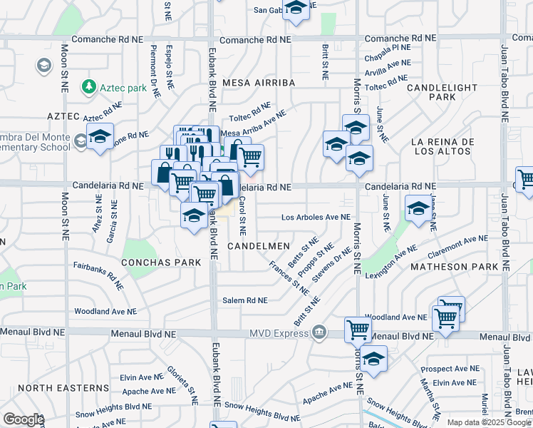 map of restaurants, bars, coffee shops, grocery stores, and more near 10009 Los Arboles Avenue Northeast in Albuquerque