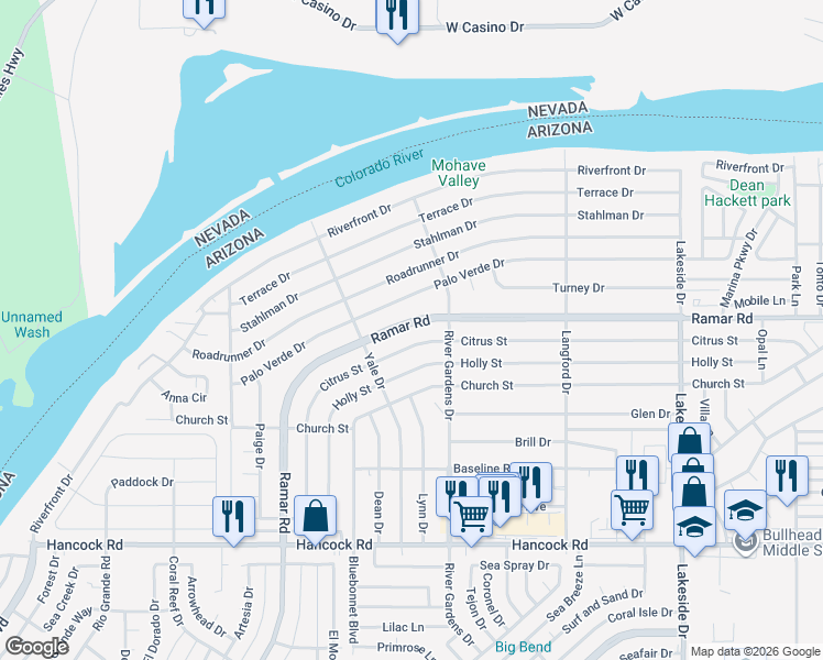 map of restaurants, bars, coffee shops, grocery stores, and more near 665 Ramar Road in Bullhead City