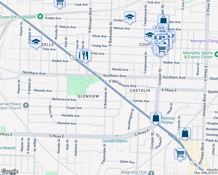 map of restaurants, bars, coffee shops, grocery stores, and more near 1911 U.S. 78 in Memphis