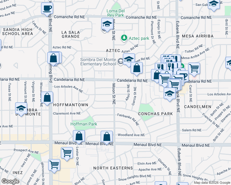 map of restaurants, bars, coffee shops, grocery stores, and more near 9101 Los Arboles Avenue Northeast in Albuquerque