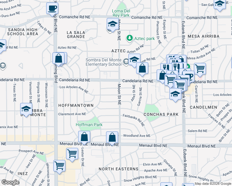 map of restaurants, bars, coffee shops, grocery stores, and more near 9101 Los Arboles Avenue Northeast in Albuquerque