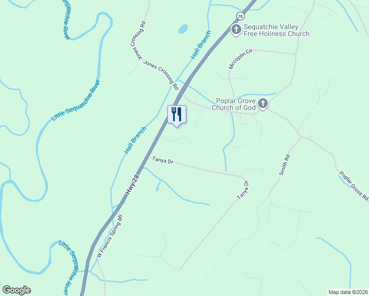 map of restaurants, bars, coffee shops, grocery stores, and more near 7054 Tennessee 28 in Whitwell