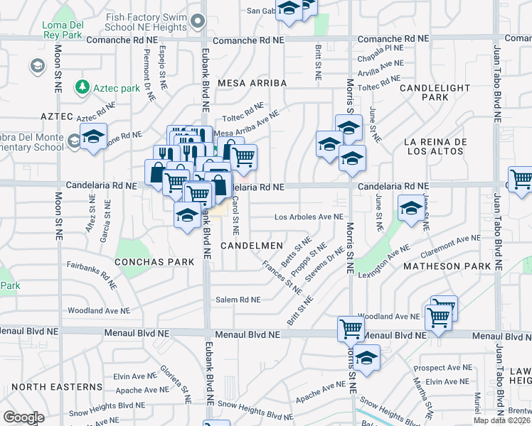 map of restaurants, bars, coffee shops, grocery stores, and more near 10009 Los Arboles Avenue Northeast in Albuquerque