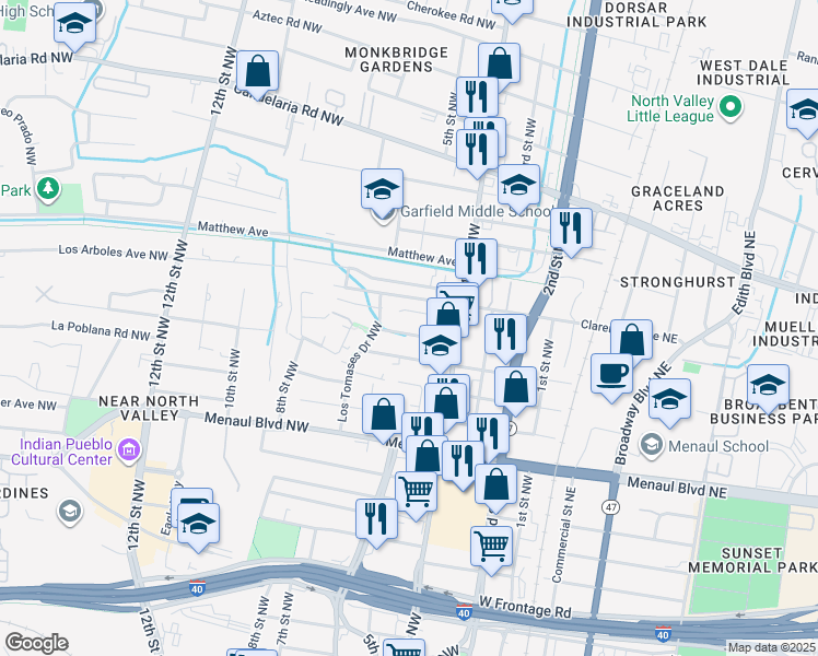map of restaurants, bars, coffee shops, grocery stores, and more near 3004 Los Tomases Drive Northwest in Albuquerque