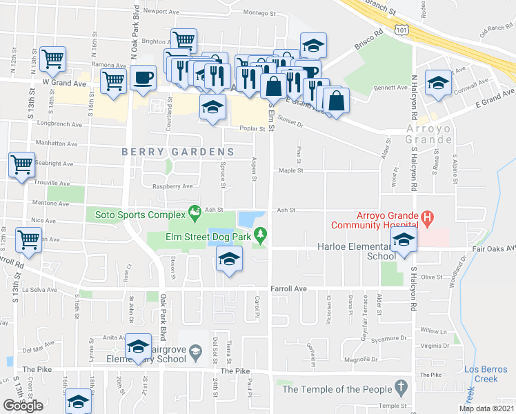 map of restaurants, bars, coffee shops, grocery stores, and more near 285 Aspen Street in Arroyo Grande