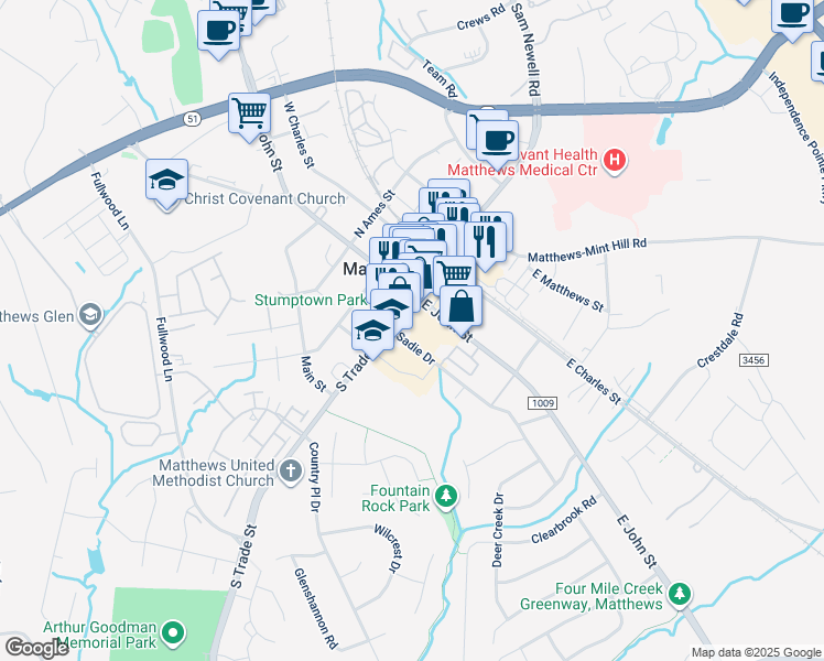 map of restaurants, bars, coffee shops, grocery stores, and more near 167 South Trade Street in Matthews