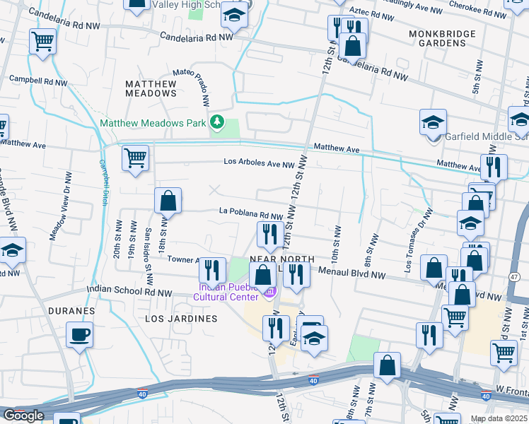 map of restaurants, bars, coffee shops, grocery stores, and more near 1237 La Poblana Road Northwest in Albuquerque