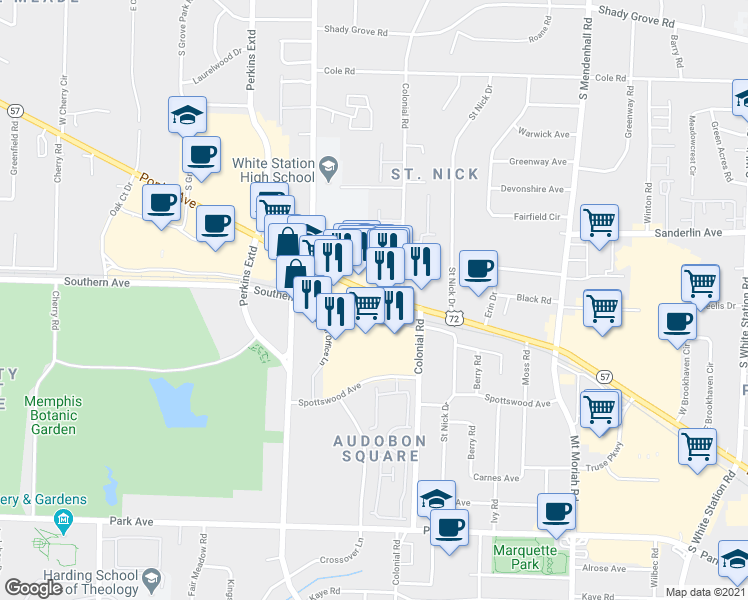 map of restaurants, bars, coffee shops, grocery stores, and more near 4741 Poplar Avenue in Memphis