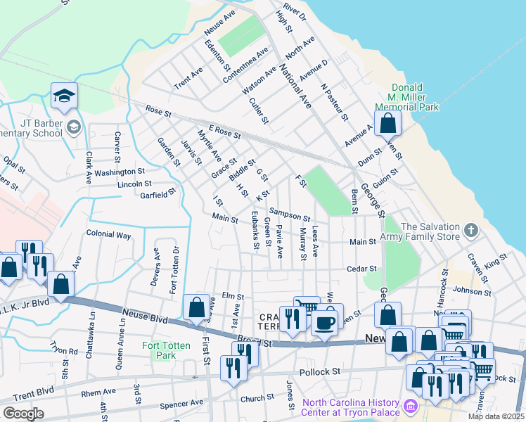 map of restaurants, bars, coffee shops, grocery stores, and more near 1031 Sampson Street in New Bern